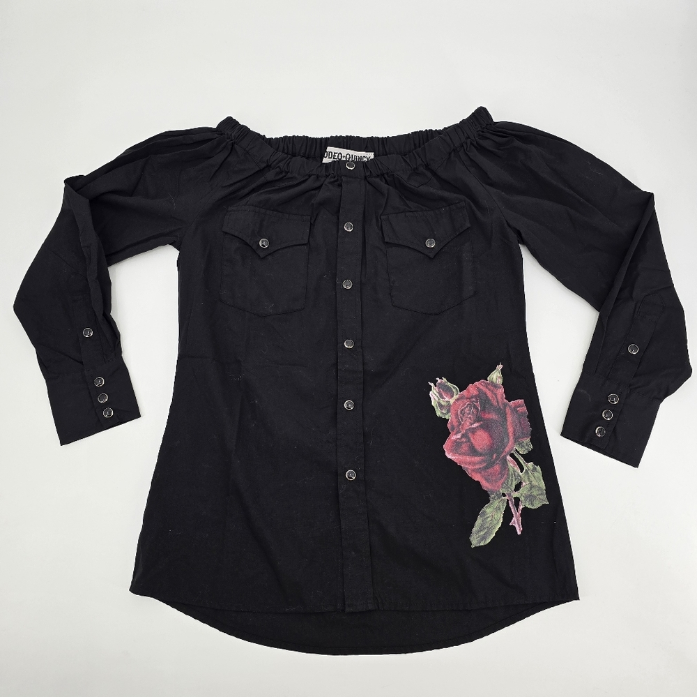 Rodeo Quincy Black Off-Shoulder Button Down Rose Shirt Size S NWT